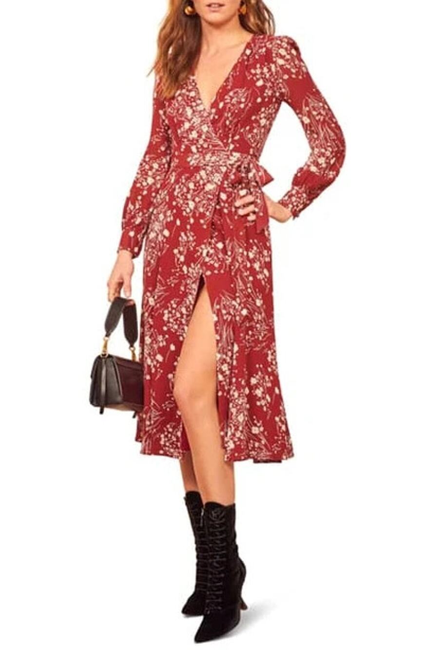 REFORMATION Susanna Midi Wrap Dress Bryce Red Floral Print Nordstrom XS NWT $248